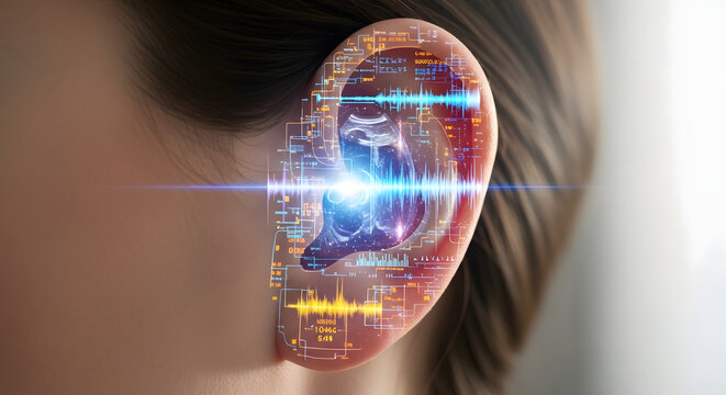 A close-up of a human ear with a futuristic circuit board design and bright light effects