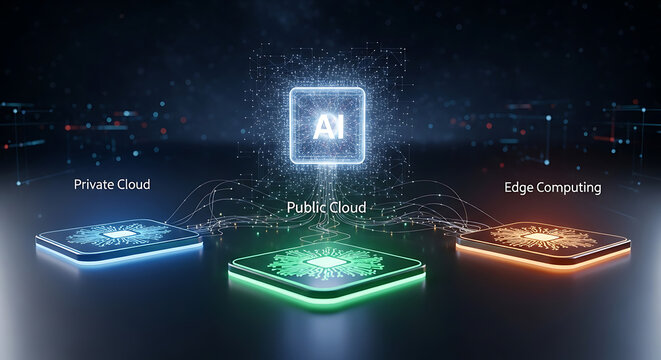 AI network connecting private, public, and edge computing with digital circuits and neon lights