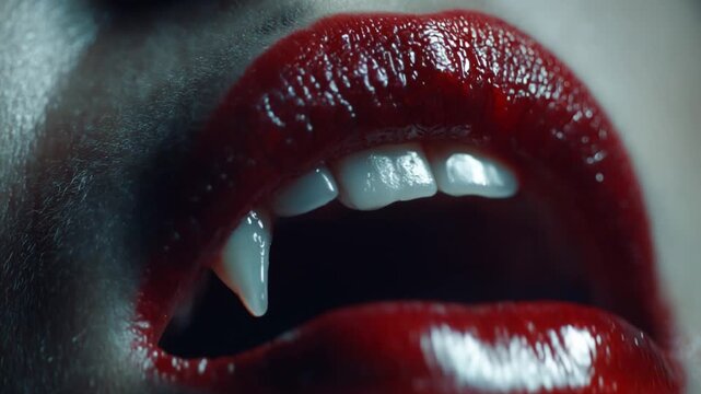 Extreme close-up of a female vampire's mouth revealing her sharp fangs and blood red lips