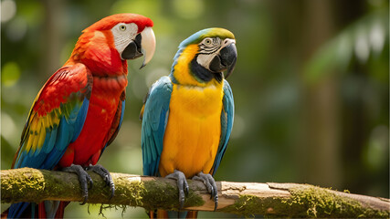 Obraz premium Two vibrant macaws perched together on a mossy branch in a tropical rainforest, with clear copy space.