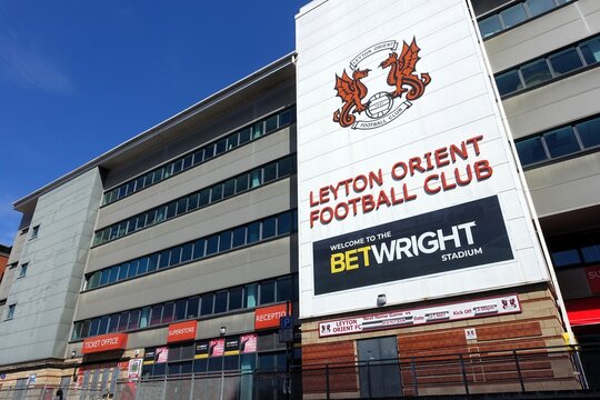 The exterior of the Brisbane Road stadium, which serves as the home ground for Leyton Orient Football Club, is situated in Leyton, East London