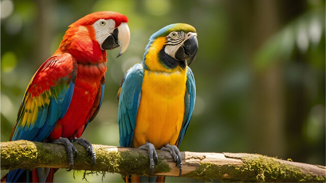 Two vibrant macaws perched together on a mossy branch in a tropical rainforest, with clear copy space."