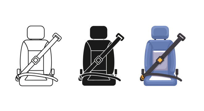 A vector graphic illustration featuring three distinct designs of an empty car seat with a fastened seatbelt, emphasizing automobile safety and passenger protection.