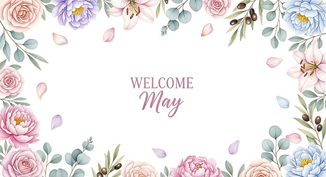 elegant may welcome floral border with soft pastel roses and peonies