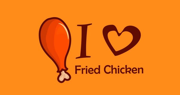 Animation footage of a Fried chicken thigh with title i love fried chicken isolated on orange background	