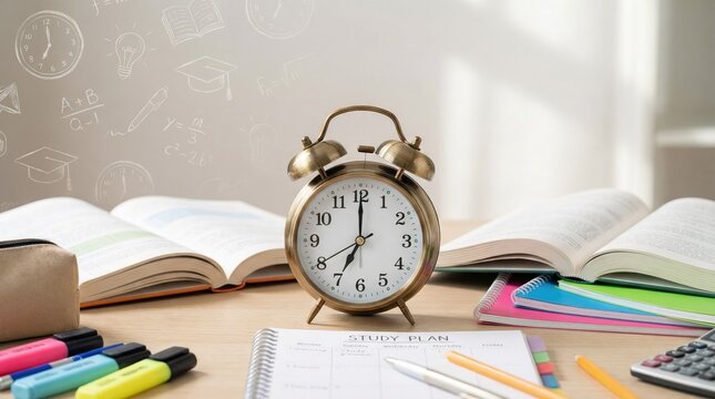 Vintage alarm clock showing seven o'clock on a desk with open textbooks, notebooks, colorful highlighters, and a study plan on a light wooden surface