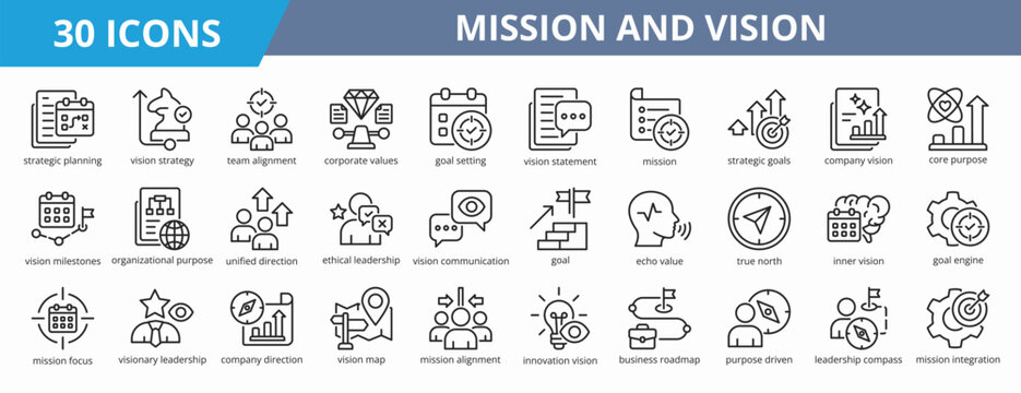 Set of outline style mission and vision icon. A collection of icons suitable for web and mobile application. Including strategic planning, vision strategy, team alignment, corporate values, and more.