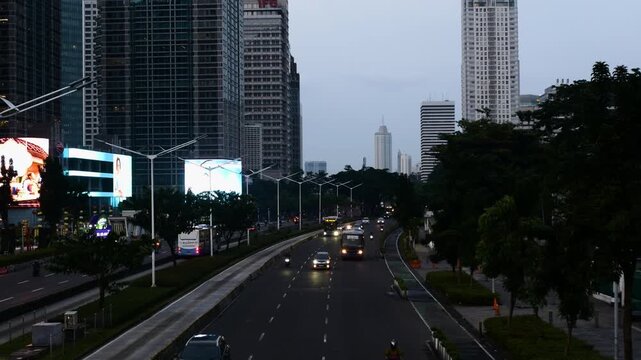 Buildings and traffic at Sudirman street, Jakarta Indonesia