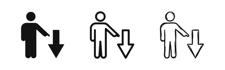 Man Pointing Down with Arrow Icon Set - Directional Symbol and Human Figure Illustration © drawing lines