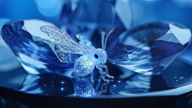 Sparkling crystal insect on blue gems, slow motion, close-up