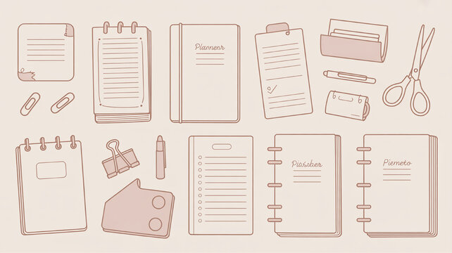 Collection of hand-drawn stationery and office supplies doodle vector illustrations for journaling and planning isolated on beige background