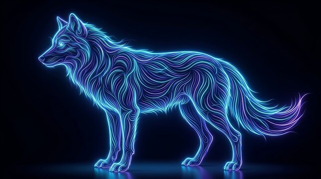 Radiant Wolf Silhouette Ethereal Neon Lines in Cyan and Violet Glow Against a Dark Background