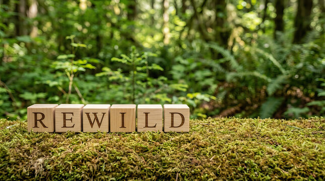 Rewild wooden blocks on green moss with forest background, symbolizing nature restoration and environmental conservation in peaceful natural setting