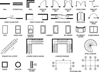 Naklejka premium Architectural CAD floor plan symbol set with doors, windows, stairs, walls, columns, hatches and dimension tools for technical, blueprint, drafting and construction drawings