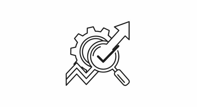 Line art of a gear, magnifying glass, graph, and checkmark indicating progress