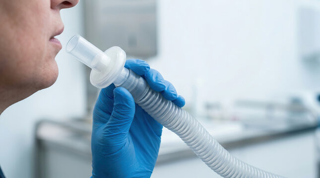 Breath test device held by gloved hand near mouth in clinical setting, medical examination concept showing respiratory health and diagnostic procedure with focus on equipment and patient