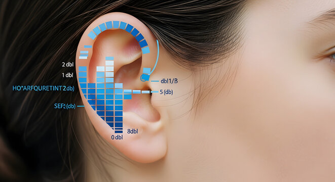 A close-up of a woman's ear with a detailed graphic illustrating the different decibel levels and sound frequencies that the human ear can hear