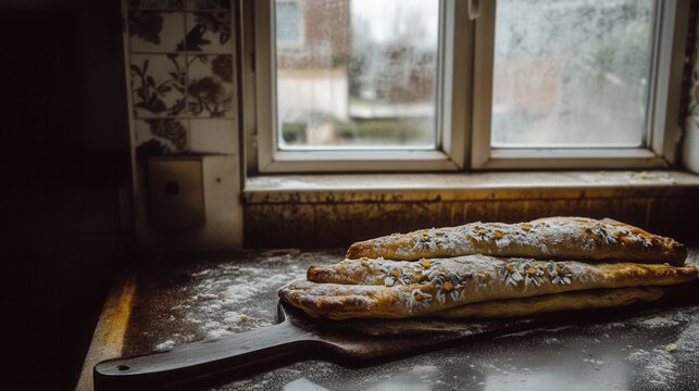 Piled Gata Pastry Dusted with Flour on Wood