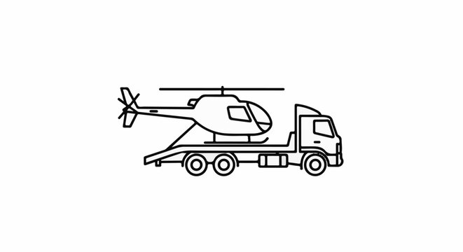 Line art depicts a transport truck carrying a small helicopter on its trailer