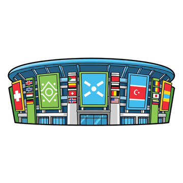 Flags from various countries on building.