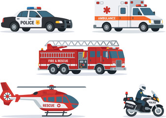 Emergency response vehicle vector set with police car, ambulance, fire truck, rescue helicopter and motorcycle for public safety, disaster rescue and first responder service design © PrimePixel Co