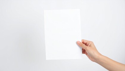 Fototapeta premium Human hand holding a blank white paper sheet against plain background