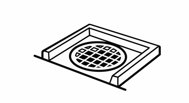 Isometric line drawing of a square drain grate with a circular, diamond-patterned insert