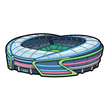 Colorful Stadium with Green Field Inside.