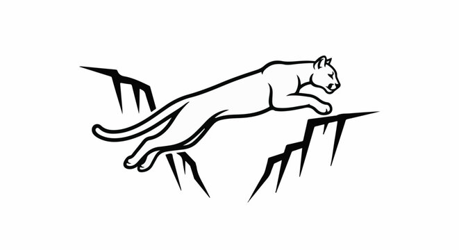 Line art of a puma leaping across a chasm between two jagged cliffs