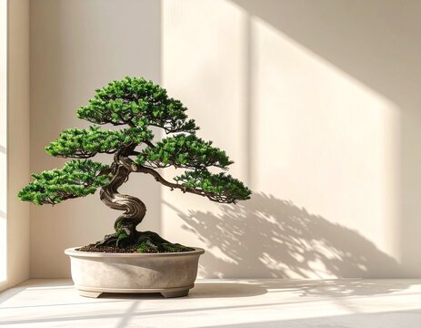 Mockup de un &aacute;rbol centenario bonsay sobre fondo neutro, iluminaci&oacute;n suave, estilo minimalista, espacio en blanco para dise&ntilde;o personalizado