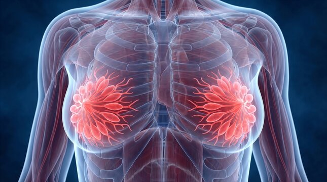 Detailed 3D depiction of red female mammary glands, on blue background