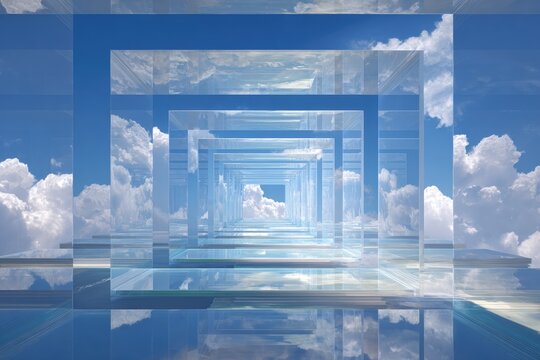 Surreal Sky Tunnel with Reflective Water and Clouds.