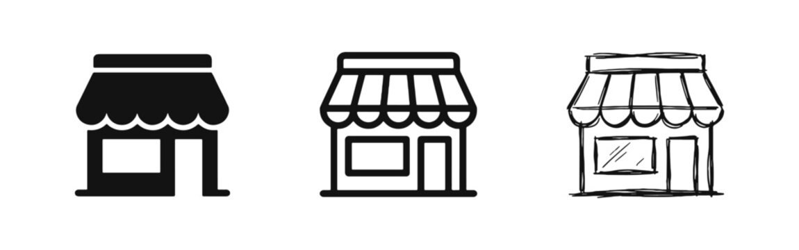Retail shop icon set with storefront and awning symbols for business and local commerce