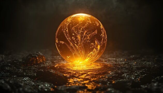 Abstract molten liquid gold sphere floating above textured dark volcanic ground, conceptual luxury art