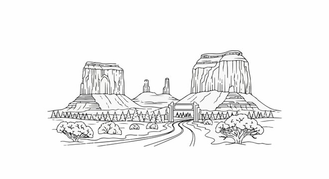 Iconic mesas and buttes rise in a desert landscape with a road