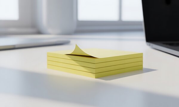 Stack of yellow sticky notes on a clean white desk in an office