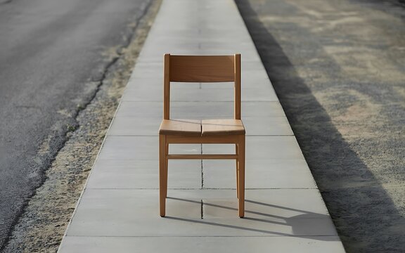 A single wooden chair sitting alone on a gray concrete walkway in the middle of a park