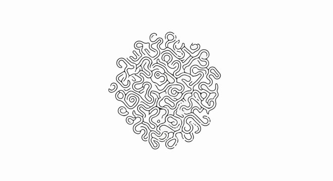Intricate black and white abstract maze pattern forming a circular blob shape