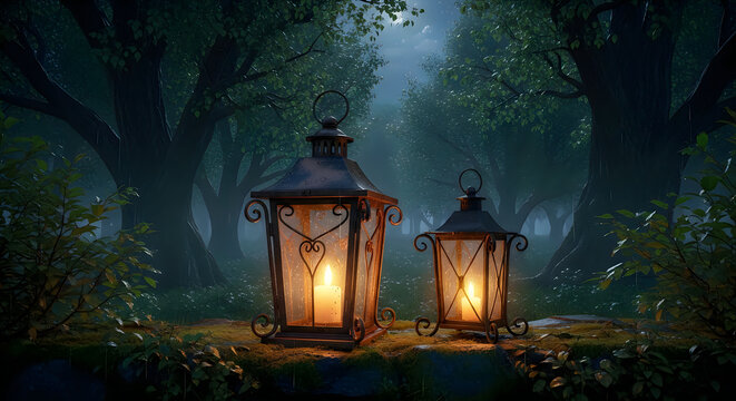 Enchanted forest illumination a mystical scene with glowing lanterns and ethereal light