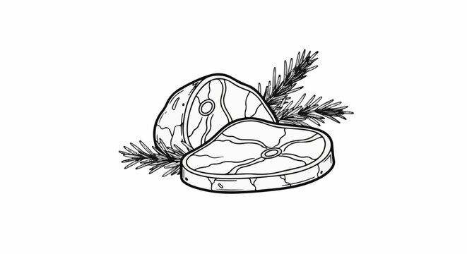 Line art of two raw meat steaks with rosemary sprigs