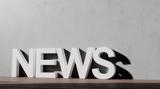 3D News sign, white letters, wooden base, gray background, journalism symbol