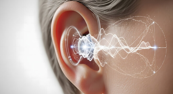 A close-up image of a human ear with a glowing white sound wave emanating from it