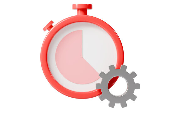 3d stopwatch gear icon. time management concept. minimal cartoon timer clock cog for productivity app and workflow automation. isolated on white transparent background. 3d render.