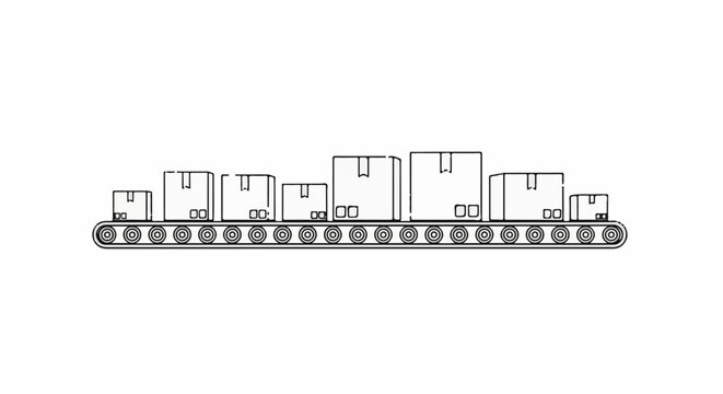 Line art of various sized boxes moving along a conveyor belt