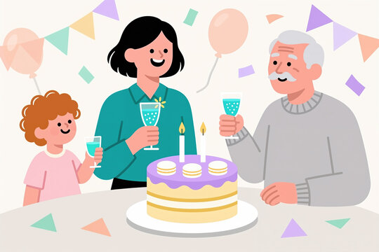 Family enjoys birthday cake and drinks in a festive cartoon illustration with colorful decorations and balloons surrounding them.