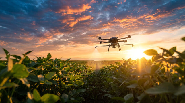 Agricultural drone spraying crops at sunset, smart farming technology in soybean field, industrial multicopter flying over green plants at golden hour