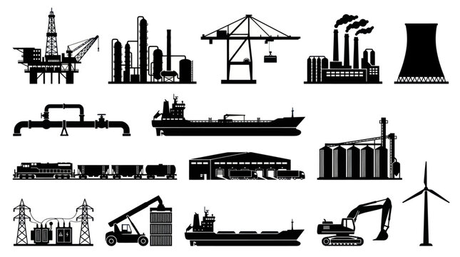 Industrial Silhouettes: Power, Shipping, Construction, and Transportation Icons