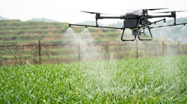 Agricultural drone spraying fertilizer on green crops, smart farming technology in rural field, industrial octocopter uav watering plants