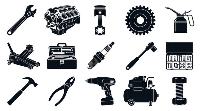 Automotive Mechanic Tools  Car Parts Glyph Icons Set: Engine, Wrench, Jack, Spark Plug