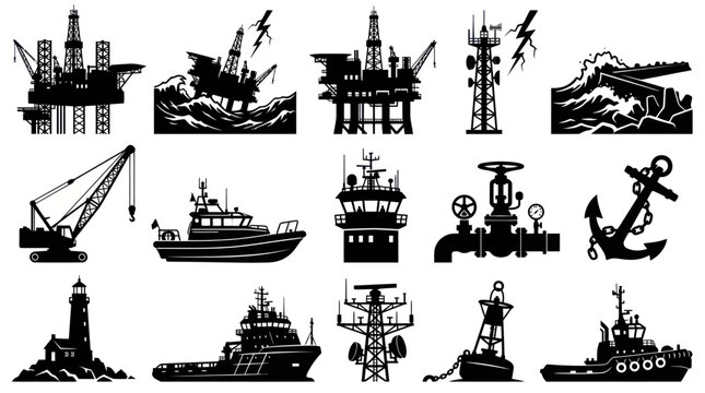 Marine and Offshore Industry Icons: Ships, Cranes, Oil Rigs, Buoys, Anchor, Lighthouse